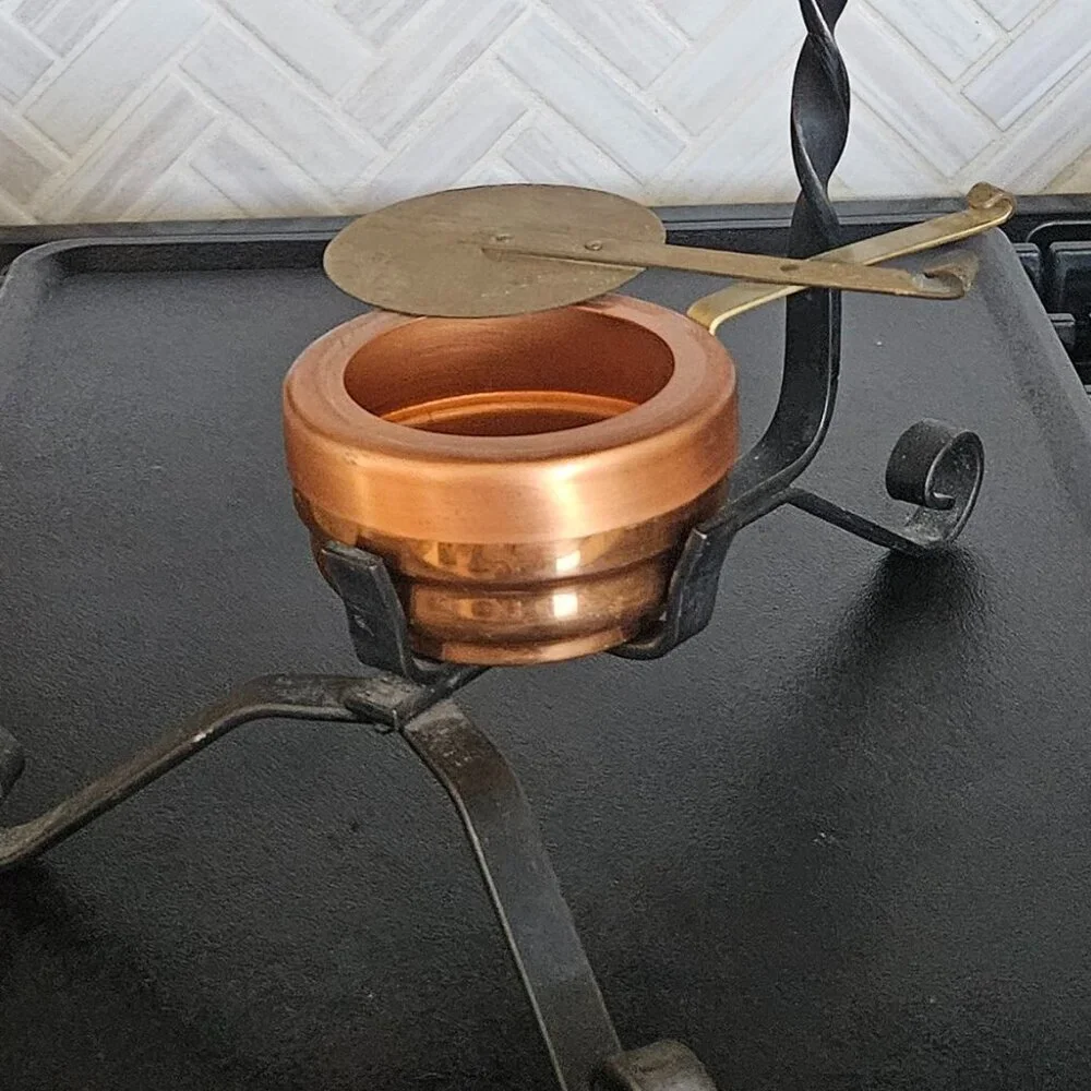 Coppercraft Guild Copper Tea Kettle w/Wrought Iron Warming Stand, vintage 70s